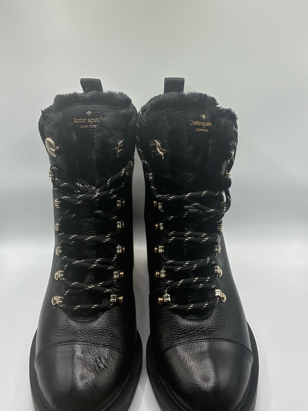 kate spade Black Leather Fur-Trim Lace-Up Boots